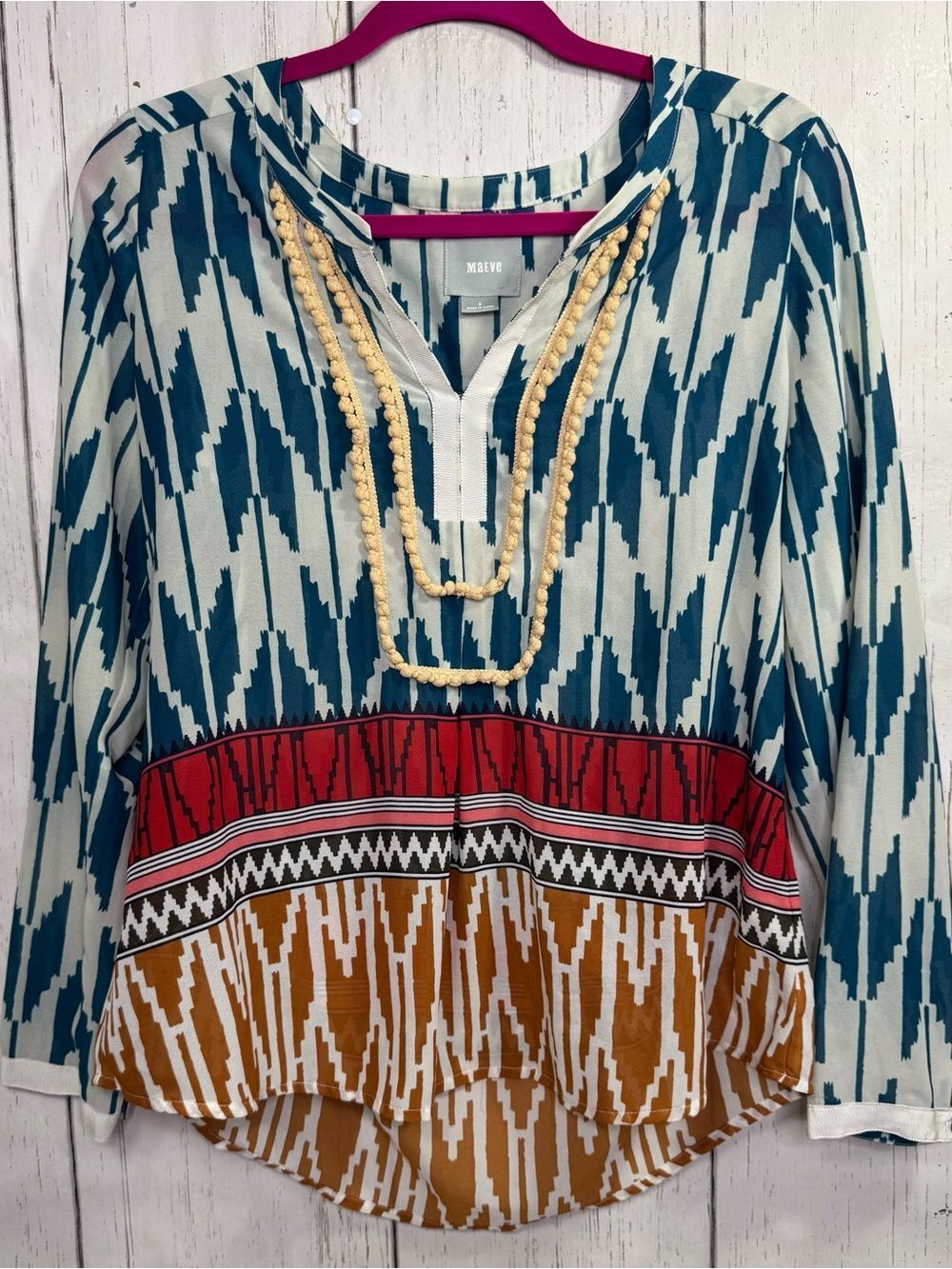 Maeve Anthropologie Boho Ikat Print Top Blouse Pom Trim Southwest Resort Size 8